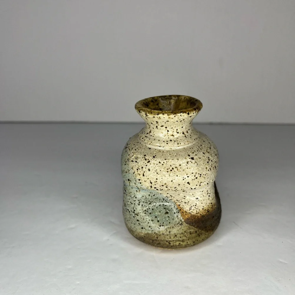 Vintage mid-century stoneware vase hand painted‎ abstract organic shape